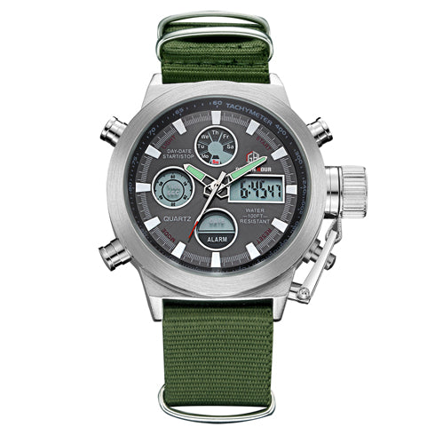 Fashion Army Cool Men Military Watch Canvas Strap Hours Steel Case 3 ATM Waterproof  Sports  LED Digital Analog Quartz Clock